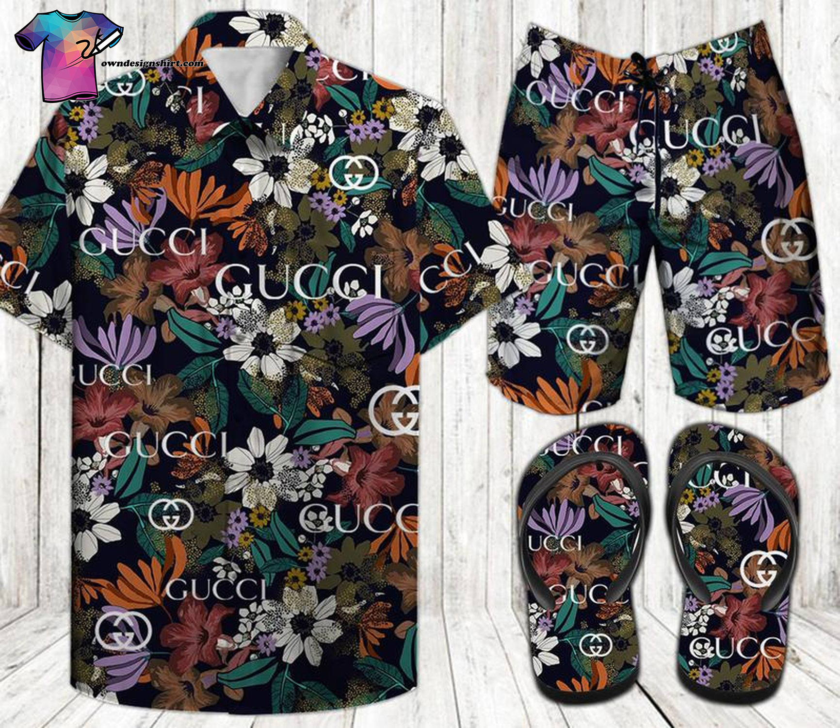 Classic Gucci Retro Full Print Hawaiian Shirt Beach Shorts And Flip Flops Classic Gucci Retro Full Print Hawaiian Shirt Beach Shorts And Flip Flops