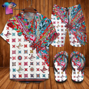 Colorful Louis Vuitton Symbol Hawaiian Shirt Beach Shorts And Flip Flops