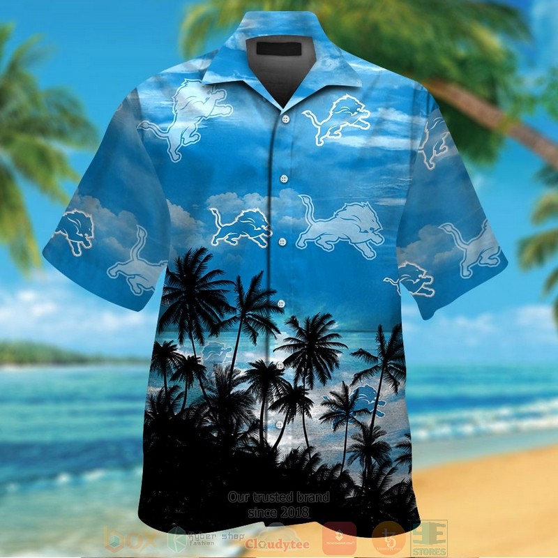 Detroit Lions Palm Tree Blue Black Hawaiian Shirt And Shorts Detroit Lions Palm Tree Blue Black Hawaiian Shirt And Shorts