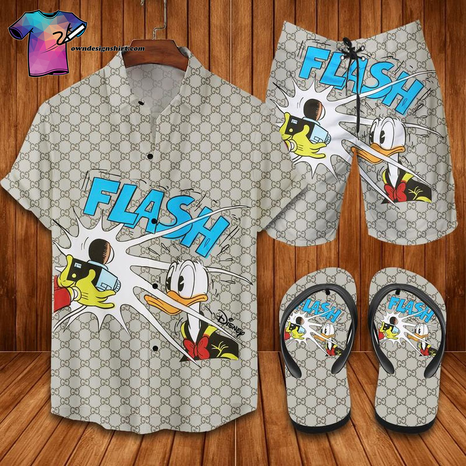 Donald Duck And Gucci Full Print Hawaiian Shirt Beach Shorts And Flip Flops Donald Duck And Gucci Full Print Hawaiian Shirt Beach Shorts And Flip Flops