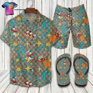 Donald Duck And His Nephews Gucci Full Print Hawaiian Shirt Beach Shorts And Flip Flops