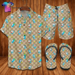 Doraemon And Gucci Full Print Hawaiian Shirt Beach Shorts And Flip Flops