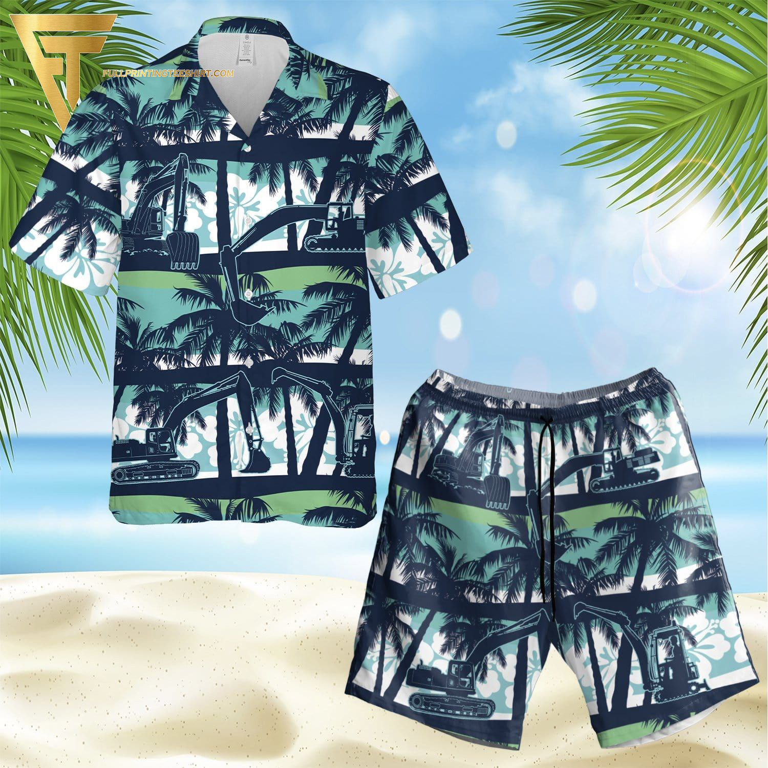 Excavator Green Coconut All Over Print Hawaiian Shirts And Beach Shorts Excavator Green Coconut All Over Print Hawaiian Shirts And Beach Shorts