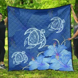 FamilyGater Quilt - Hawaii Blue Hibiscus Turtle Polynesian Premium Quilt - AH - J4