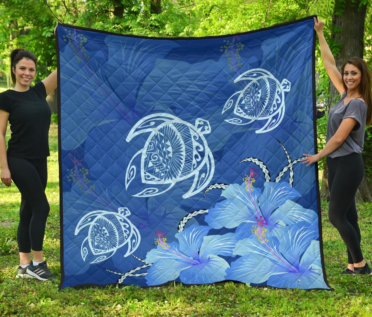 FamilyGater Quilt - Hawaii Blue Hibiscus Turtle Polynesian Premium Quilt - AH - J4 FamilyGater Quilt - Hawaii Blue Hibiscus Turtle Polynesian Premium Quilt - AH - J4