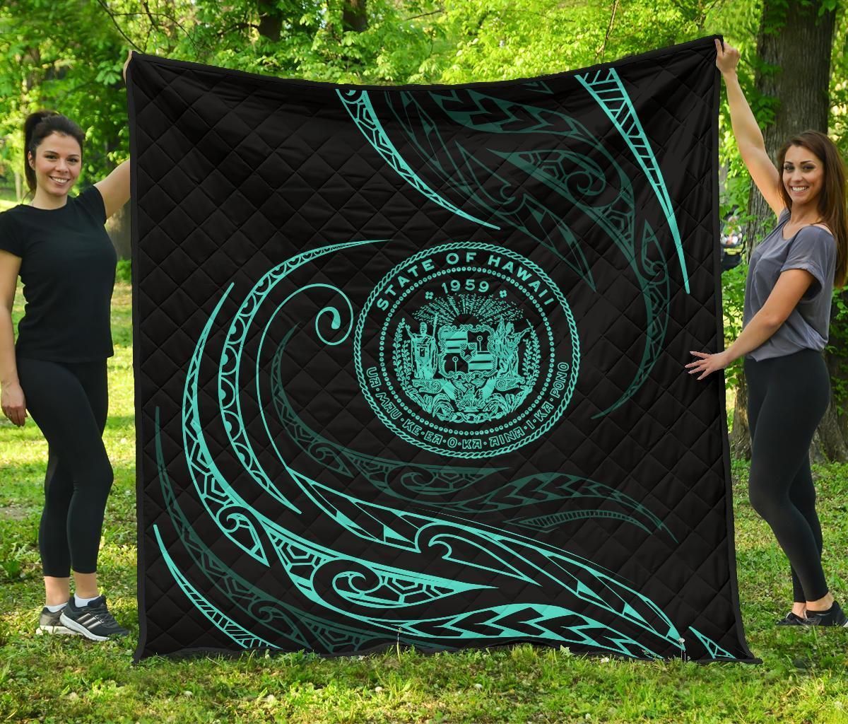 FamilyGater Quilt - Hawaii Coat Of Arms Premium Quilt - Turquoise - Frida Style - AH J91 FamilyGater Quilt - Hawaii Coat Of Arms Premium Quilt - Turquoise - Frida Style - AH J91