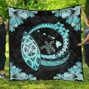 FamilyGater Quilt - Hawaii Hibiscus Map Hidden Polynesian Tourquoise Premium Quilt - AH - J14