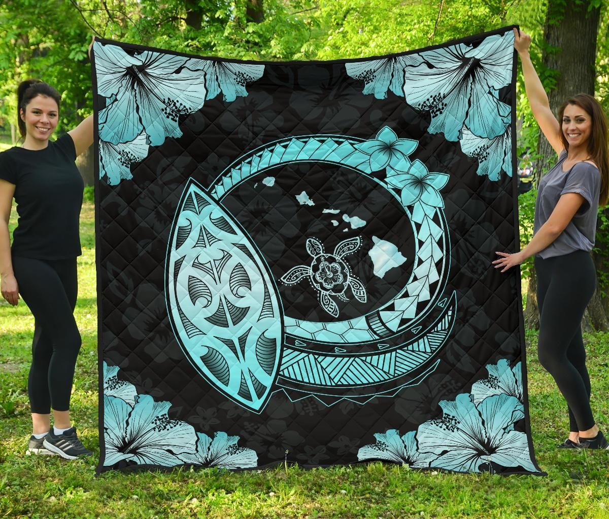 FamilyGater Quilt - Hawaii Hibiscus Map Hidden Polynesian Tourquoise Premium Quilt - AH - J14 FamilyGater Quilt - Hawaii Hibiscus Map Hidden Polynesian Tourquoise Premium Quilt - AH - J14