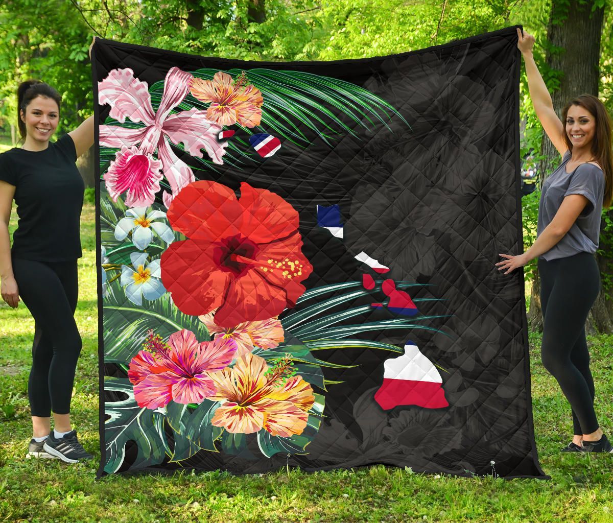 FamilyGater Quilt - Hawaii Map Hibiscus Quilt - AH J0 FamilyGater Quilt - Hawaii Map Hibiscus Quilt - AH J0