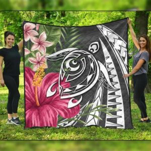 FamilyGater Quilt - Hawaii Polynesian Turtle Tropical Hibiscus Plumeria Premium Quilts - Gray - AH - J4C