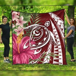 FamilyGater Quilt - Hawaii Polynesian Turtle Tropical Hibiscus Plumeria Premium Quilts - Red - AH - J4C