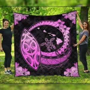 FamilyGater Quilt - Hawaii Turtle Hibiscus Map Polynesian Premium Quilts Pink - AH - JRC