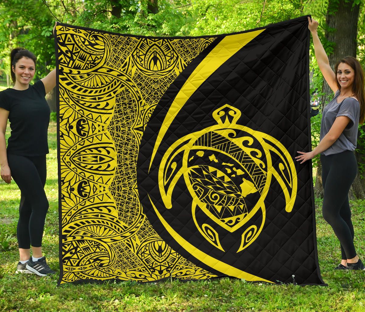 FamilyGater Quilt - Hawaii Turtle Map Polynesian Premium Quilt - Yellow - Circle Style - AH J9 FamilyGater Quilt - Hawaii Turtle Map Polynesian Premium Quilt - Yellow - Circle Style - AH J9