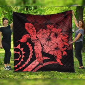 FamilyGater Quilt - Hawaiian - Hawaii Turtle Hibiscus Polynesian Vintage Premium Quilts - Red - AH - J4C