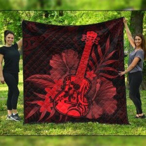 FamilyGater Quilt - Hawaiian - Hawaii Ukulele Flower Premium Quilts - Red - AH - J4C