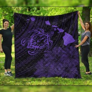 FamilyGater Quilt - Hawaiian Hibiscus Sea Turtle Swim Polynesian Premium Quilts - Purple - AH - J5C