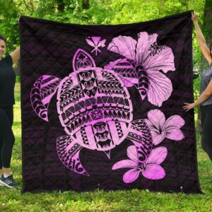 FamilyGater Quilt - Hawaiian Kanaka Hibiscus Plumeria Mix Polynesian Turtle Premium Quilt Pink AH J1