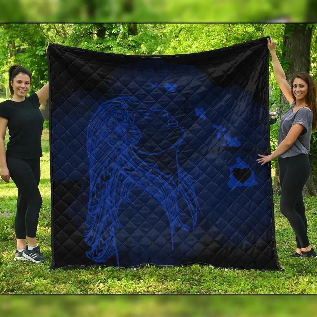 FamilyGater Quilt - Hawaiian Map Heart Hula Girl Hibiscus Blue Polynesian Premium Quilts - AH - J4C FamilyGater Quilt - Hawaiian Map Heart Hula Girl Hibiscus Blue Polynesian Premium Quilts - AH - J4C