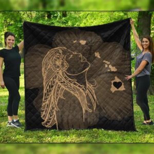 FamilyGater Quilt - Hawaiian Map Heart Hula Girl Hibiscus Gold Polynesian Premium Quilts - AH - J4C