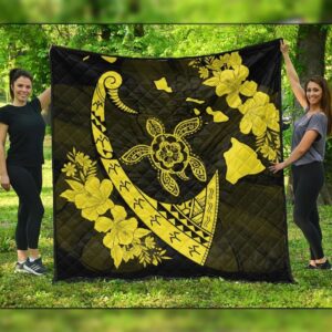 FamilyGater Quilt - Hawaiian Map Hibiscus Turtle Fish Hook Polynesian Premium Quilts Yellow - AH - J5C