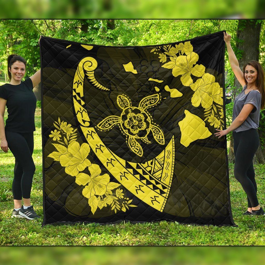 FamilyGater Quilt - Hawaiian Map Hibiscus Turtle Fish Hook Polynesian Premium Quilts Yellow - AH - J5C FamilyGater Quilt - Hawaiian Map Hibiscus Turtle Fish Hook Polynesian Premium Quilts Yellow - AH - J5C
