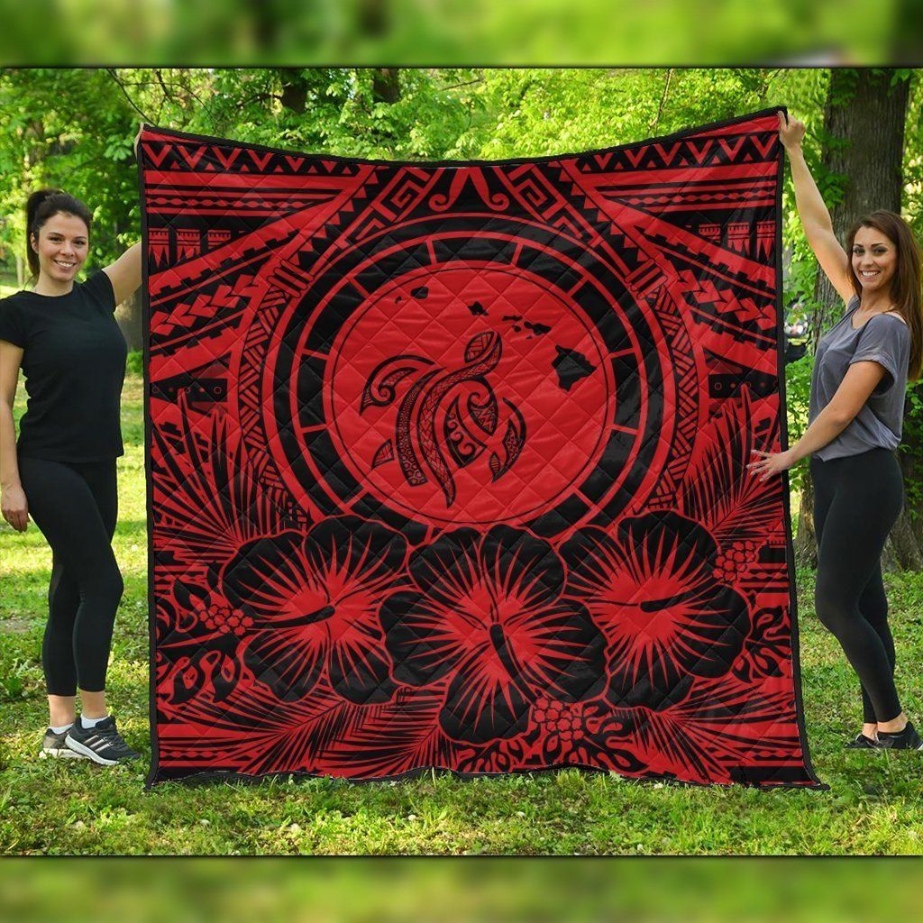 FamilyGater Quilt - Hawaiian Map Honu Hibiscus Tropic Red Polynesian Premium Quilts - AH - JGR FamilyGater Quilt - Hawaiian Map Honu Hibiscus Tropic Red Polynesian Premium Quilts - AH - JGR
