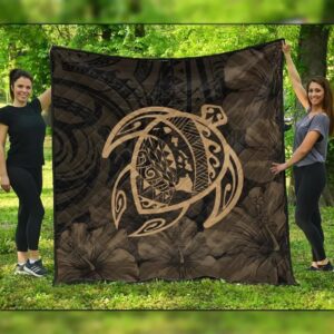 FamilyGater Quilt - Hawaiian Map Turtle Kanaka Hibiscus Polynesian Premium Quilts - Gold - AH - J4C