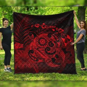 FamilyGater Quilt - Hawaiian Map Turtle Tattoo Hibiscus Plumeria Polynesian Premium Quilts - Red - AH - J4C