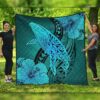 FamilyGater Quilt - Hawaiian Map Whale Swim Hibiscus Polynesian Premium Quilts - Turquoise - AH - J6C