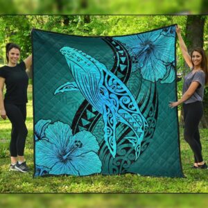 FamilyGater Quilt - Hawaiian Map Whale Swim Hibiscus Polynesian Premium Quilts - Turquoise - AH - J6C