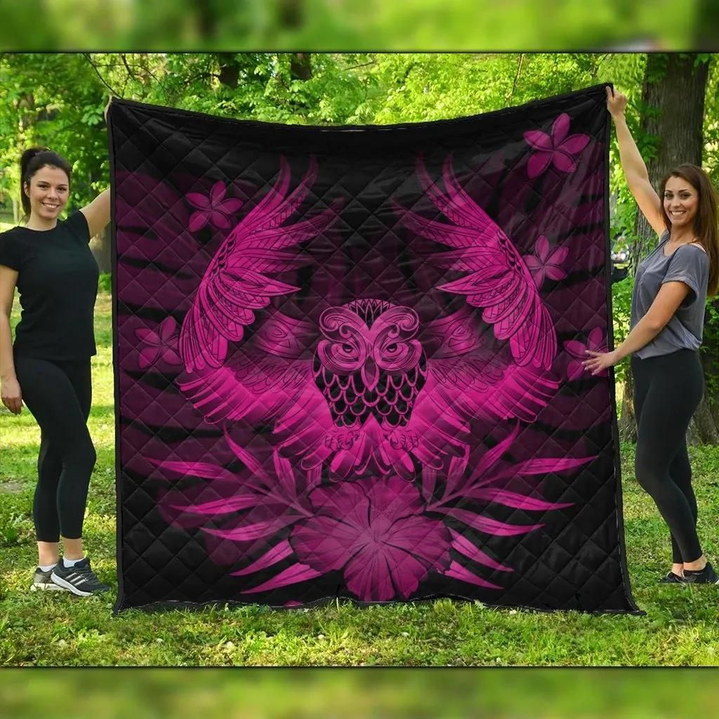 FamilyGater Quilt - Hawaiian Owl Hibiscus Plumeria Polynesian Premium Quilts - Pink - AH - J4C FamilyGater Quilt - Hawaiian Owl Hibiscus Plumeria Polynesian Premium Quilts - Pink - AH - J4C