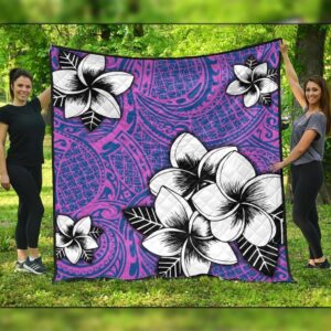 FamilyGater Quilt - Hawaiian Plumeria Tribal Pink Polynesian Premium Quilts Blue AH - J0C