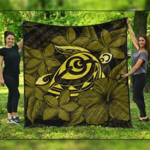 FamilyGater Quilt - Hawaiian Turtle Hibiscus Plumeria Kanaka Polynesian Premium Quilts Yellow - Soft Style - AH - J4C