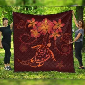 FamilyGater Quilt - Hawaiian Turtles Hibiscus Plumeria Polynesian Premium Quilts - Red - AH - J4C