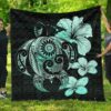 FamilyGater Quilt - Hibiscus Plumeria Mix Polynesian Turquoise Turtle Premium Quilt - AH - J1