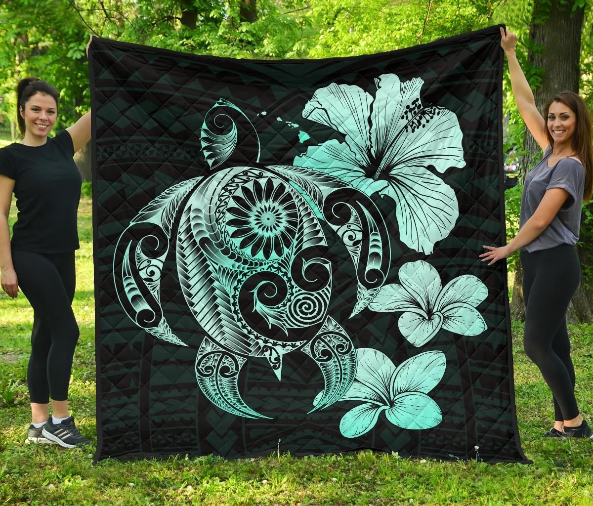 FamilyGater Quilt - Hibiscus Plumeria Mix Polynesian Turquoise Turtle Premium Quilt - AH - J1 FamilyGater Quilt - Hibiscus Plumeria Mix Polynesian Turquoise Turtle Premium Quilt - AH - J1