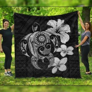 FamilyGater Quilt - Hibiscus Plumeria Mix Polynesian Turtle Premium Quilts Gray - AH - JRC