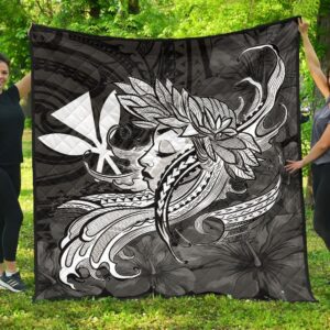 FamilyGater Quilt - Hula Girl Hibiscus Kanaka Poly Premium Quilt - White - AH J4