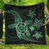 FamilyGater Quilt - Kanaka Map Hibiscus Plumeria Turtle Art Turquoise Polynesian Premium Quilt - AH - J1