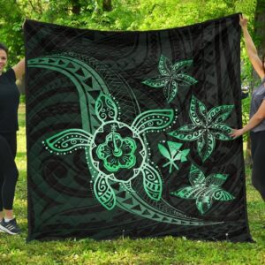 FamilyGater Quilt - Kanaka Map Hibiscus Plumeria Turtle Art Turquoise Polynesian Premium Quilt - AH - J1