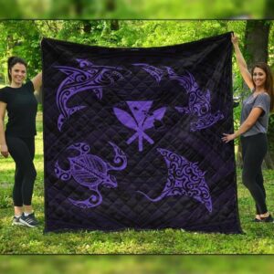 FamilyGater Quilt - Polynesian Turtle Hammerhead Shark Ray Kanaka Hawaii Premium Quilts Circle Purple - AH - J5C
