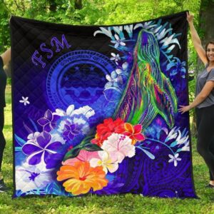 Federated States of Micronesia Premium Quilts - Humpback Whale with Tropical Flowers (Blue)- BN18