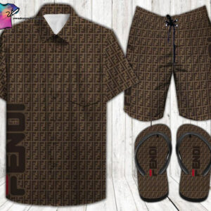 Fendi Brown Logo Full Print Hawaiian Shirt Beach Shorts And Flip Flops