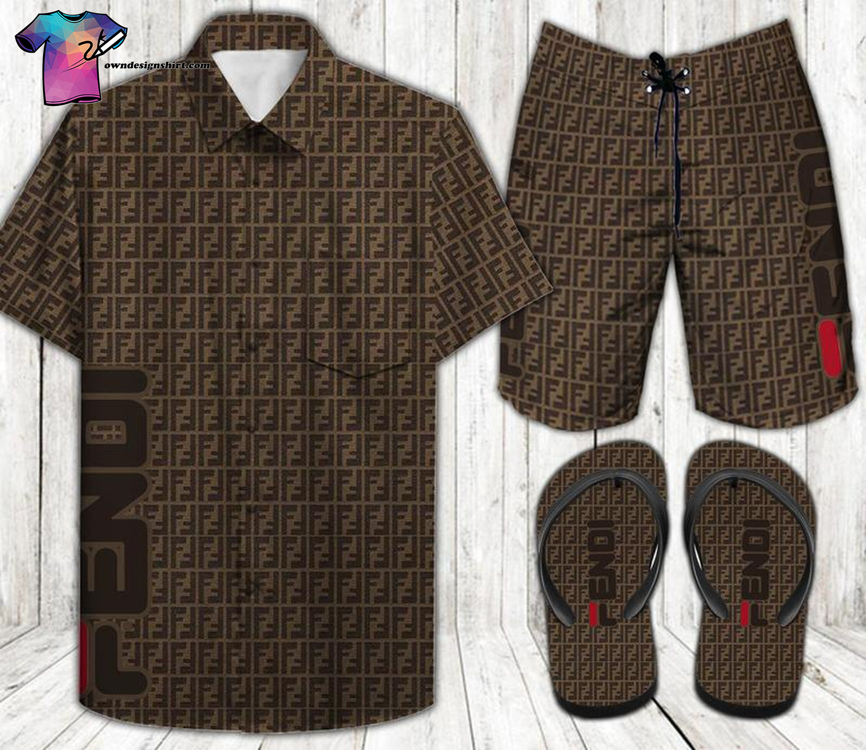 Fendi Brown Logo Full Print Hawaiian Shirt Beach Shorts And Flip Flops Fendi Brown Logo Full Print Hawaiian Shirt Beach Shorts And Flip Flops