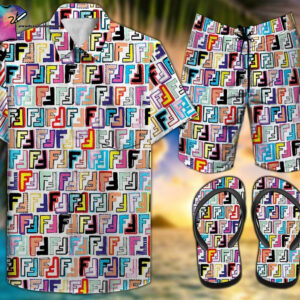 Fendi Multicolor Full Print Hawaiian Shirt Beach Shorts And Flip Flops