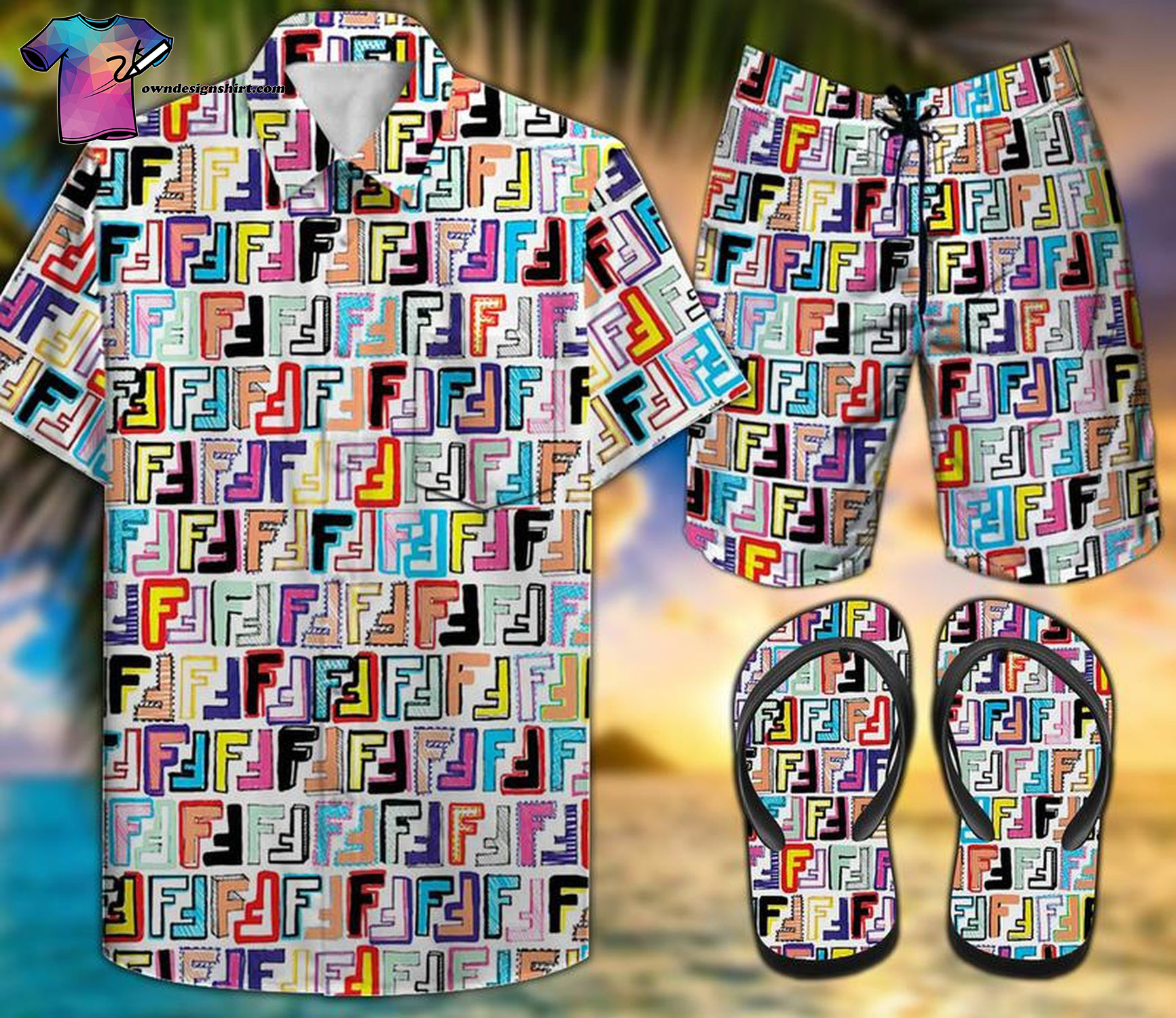 Fendi Multicolor Full Print Hawaiian Shirt Beach Shorts And Flip Flops Fendi Multicolor Full Print Hawaiian Shirt Beach Shorts And Flip Flops