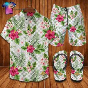 Floral Gucci Symbol Full Print Hawaiian Shirt Beach Shorts And Flip Flops