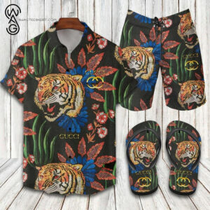 Floral Gucci Tiger All Over Print Hawaiian Shirt Beach Shorts And Flip Flops