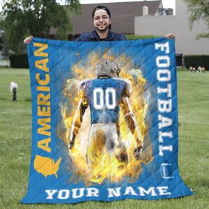 Football Throw Blanket - Blue Custom Name Number American Football Quilts Blanket  - Football Gifts For Boys