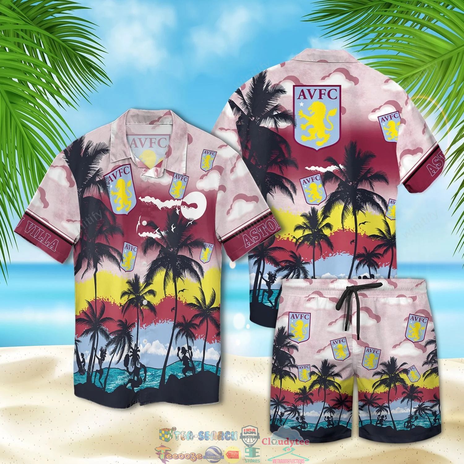 Aston Villa Palm Tree Hawaiian Shirt Beach Shorts Aston Villa Palm Tree Hawaiian Shirt Beach Shorts